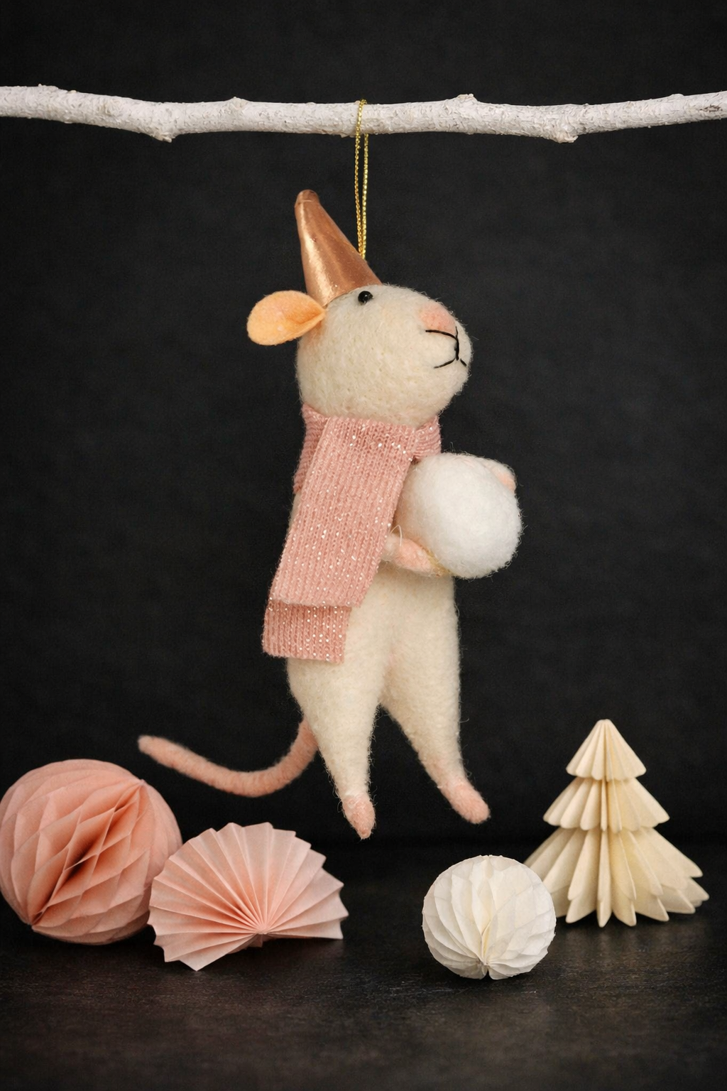 Sass & Belle Felt Hanging Christmas Tree Decoration - PInk Scarf Snowball Mouse