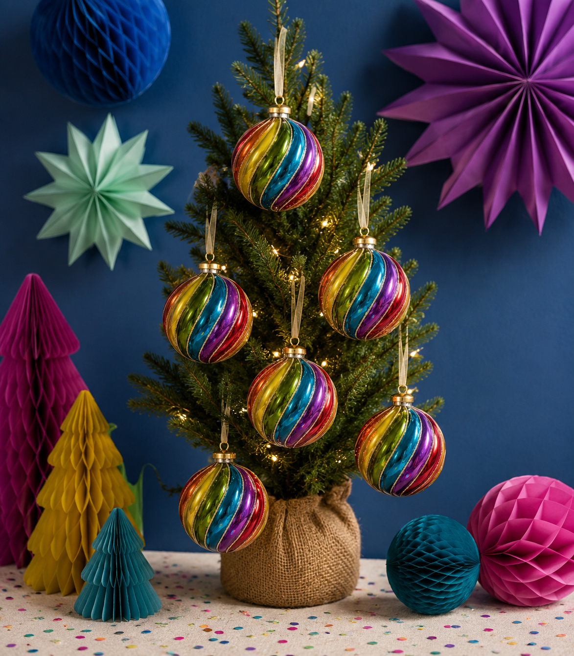 Sass & Belle Glass Bauble Christmas Tree Decoration Set of 6 - Spiral Rainbow