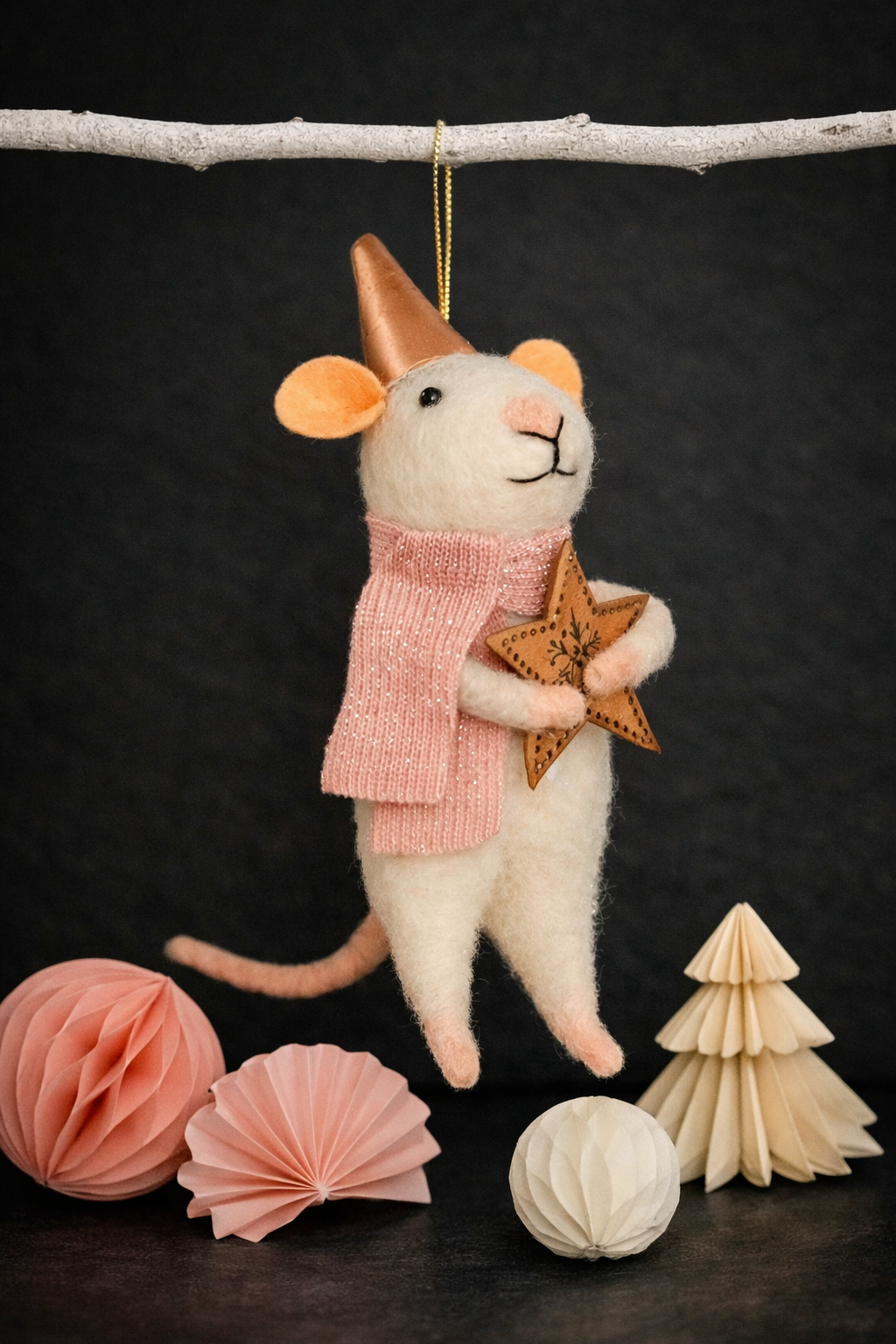 Sass & Belle Felt Hanging Christmas Tree Decoration - PInk Scarf Star Mouse