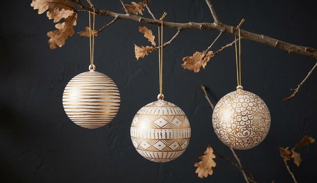 Sass & Belle White and Gold Papier Mache Baubles Set of 3