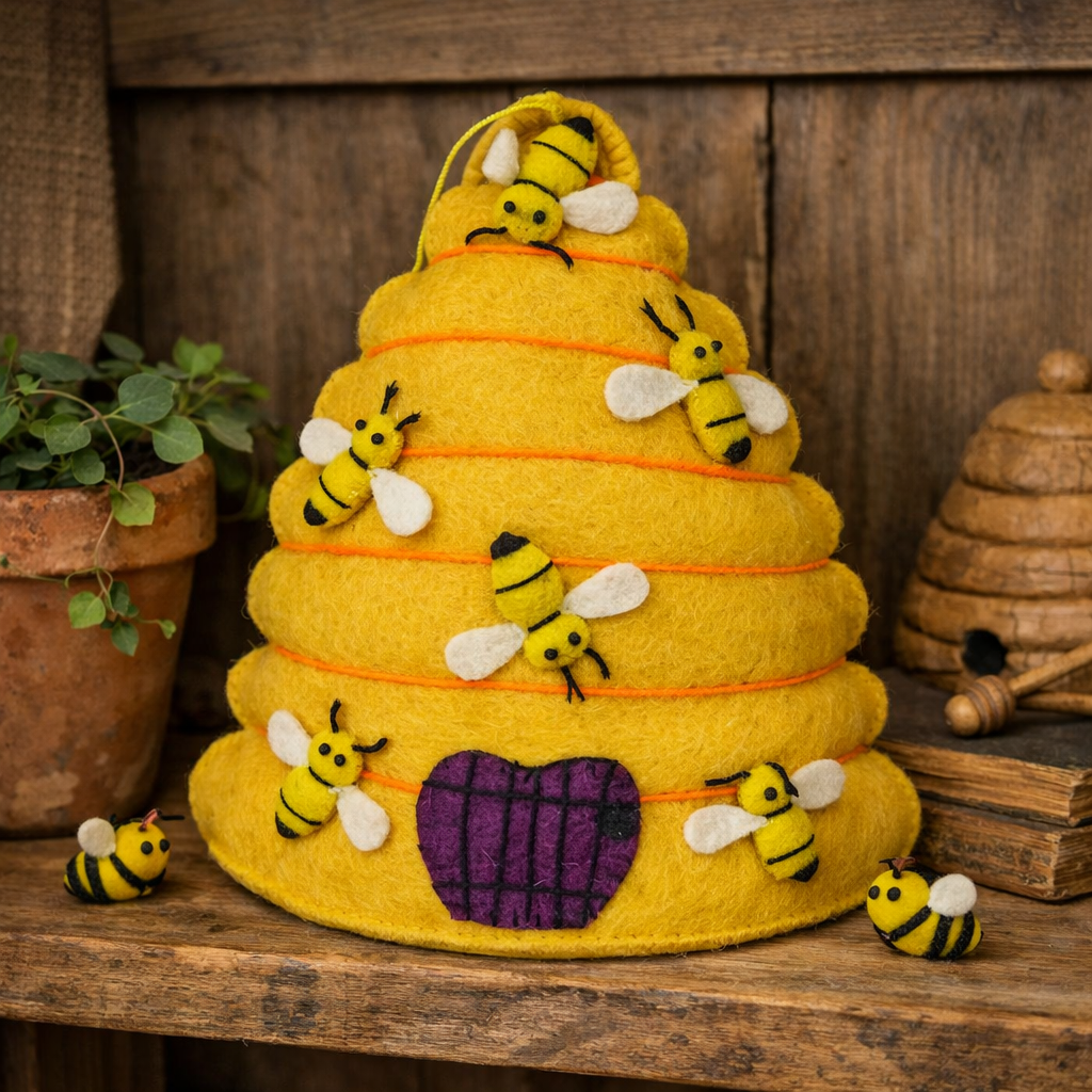 Shared Earth Large Felt Bee Hive Hanging Decoration with Bees