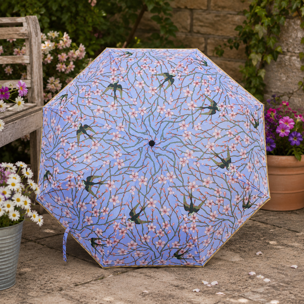 Signare Compact Folding Umbrella | Walter Crane Almond Blossom & Swallow Design