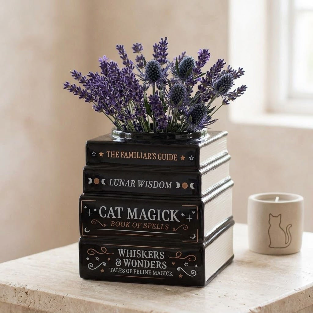 Black Cat Magick Stacked Books Shaped Flower Vase | Spirit of Equinox