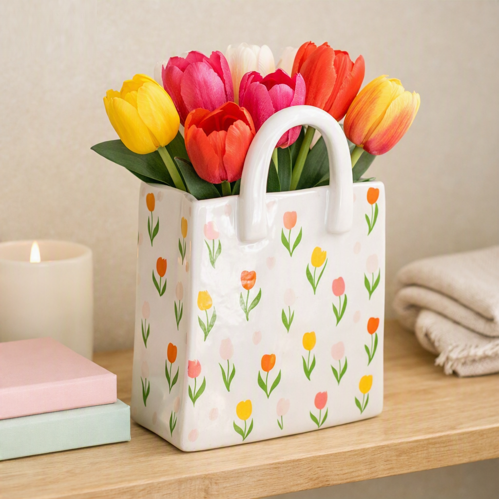 Something Different Tulip Fields Shopper Bag Shaped Ceramic Flower Vase