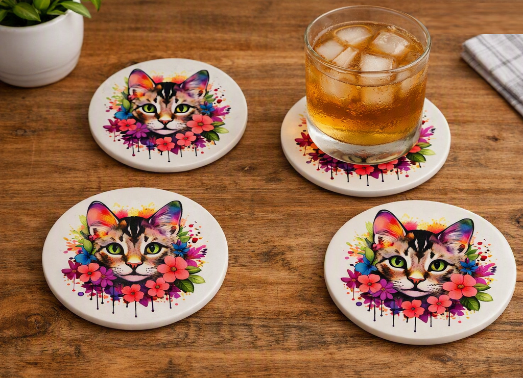 Kozzy Rainbow Animal Ceramic Coasters Set of 4 | Watercolour Kitten Pink & Orange
