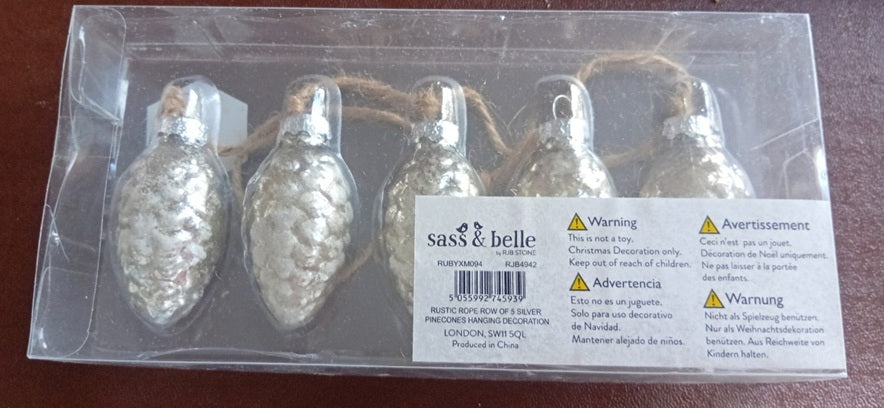 Sass & Belle Silver Glass Pinecone Hanging Decoration with 5 Pinecones