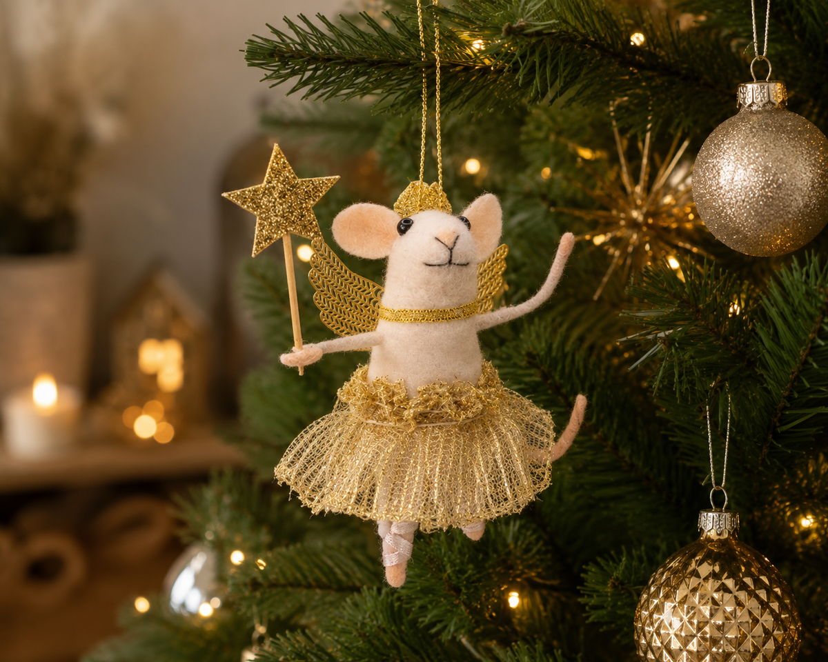 Sass & Belle Gold Fairy Mouse with Star Wand Felt Hanging Christmas Tree Decoration