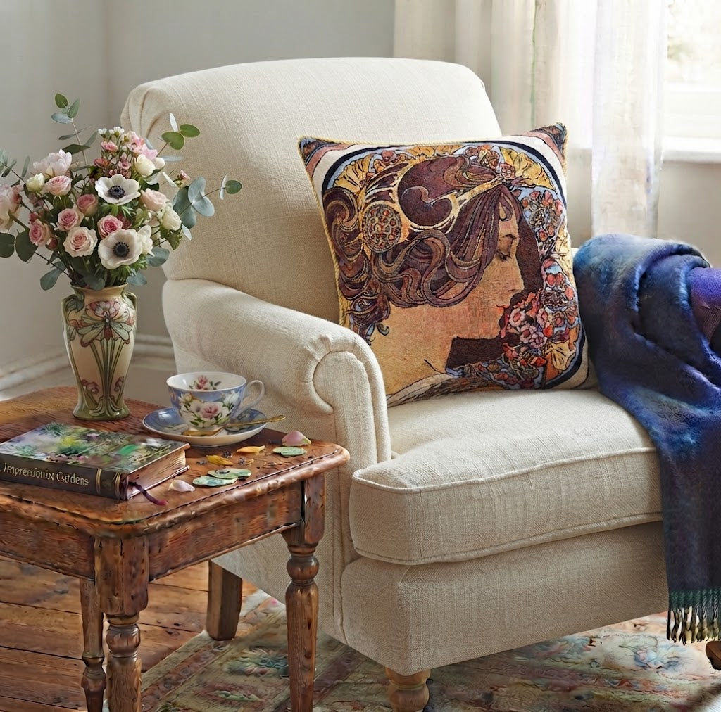 Signare Tapestry Throw Cushion Cover 45cm - Alphonse Mucha Primrose