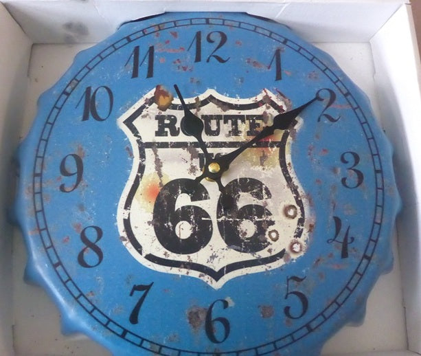 Vintage Retro Metal Bottle Cap Wall Clock - Route 66 Blue
