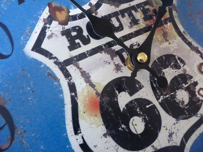 Vintage Retro Metal Bottle Cap Wall Clock - Route 66 Blue